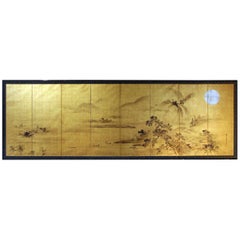 Used Asian Japanese Folding Screen Landscape," Sansui ", on Gold Leaf - Kano School