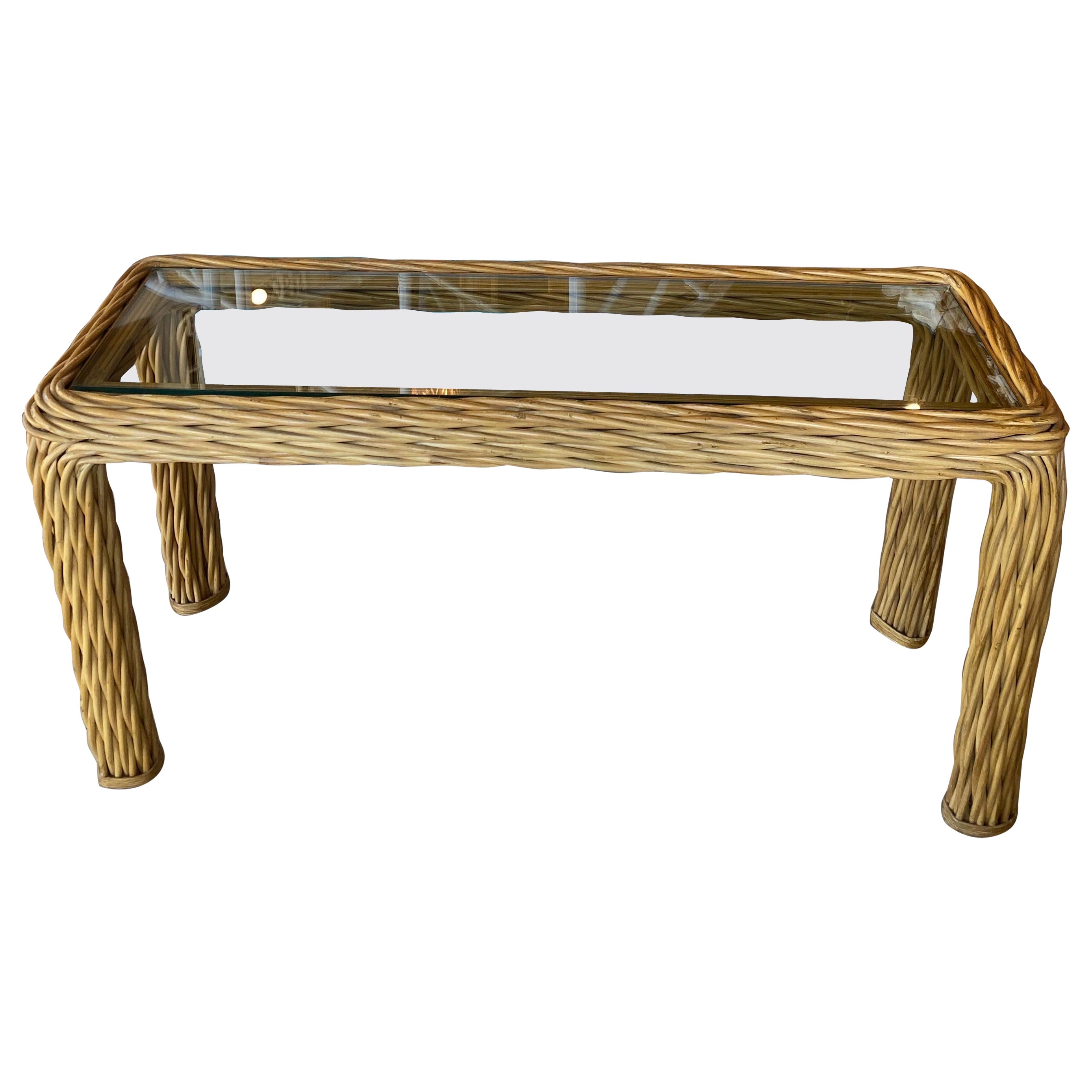 Vintage Palm Beach Twisted Rattan Reed Console Table New Glass Top For Sale