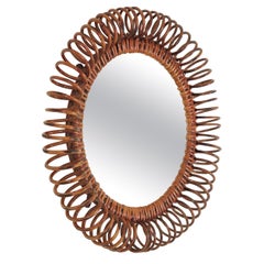 Vintage Italian Round Mirror in Rattan Attributed to Franco Albini, 1950s