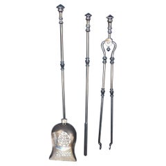Antique Set of English Urn Finial and Pierced Polished Steel Fire Tools, Circa 1780