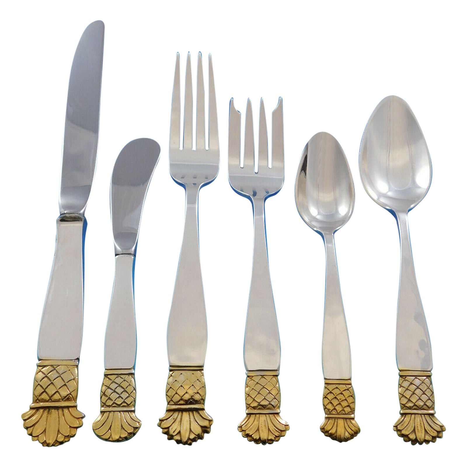 Grenada Gold Old Newbury Crafters Sterling Silver Flatware Set Service 67 Pc Din For Sale