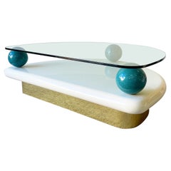 Postmodern Cream Lacquered Glass Top Demi Lune Coffee Table with Teal Spheres