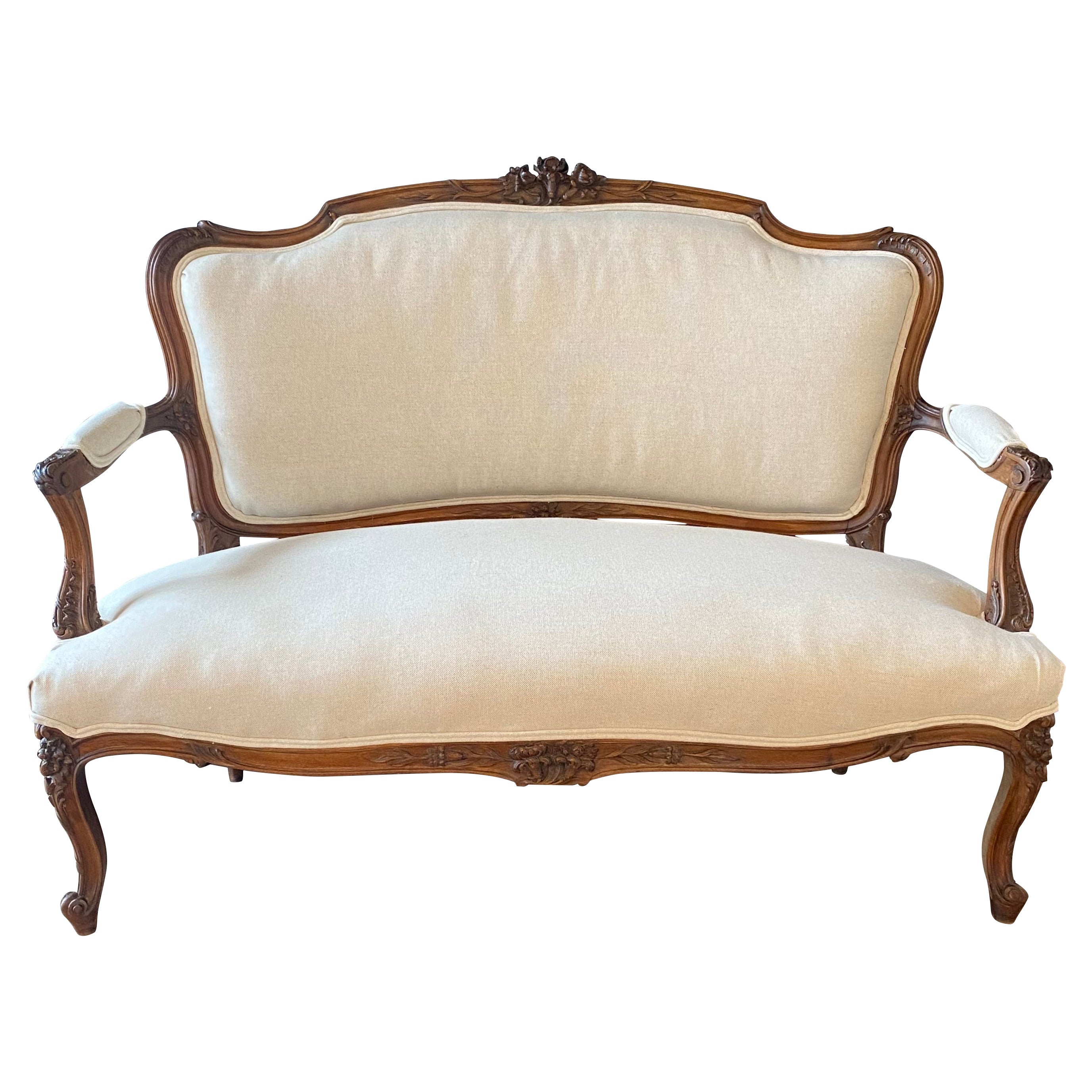 French Period Walnut Intricately Carved Louis XV Sofa or Loveseat