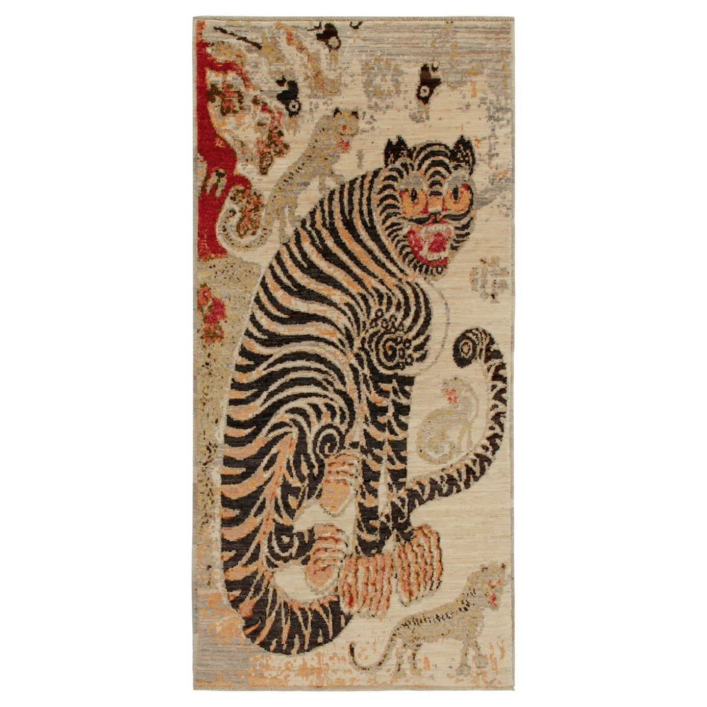 Rug and Kilim’s Pictorial Tiger Rug in Gold, Beige-Brown and Black For ...