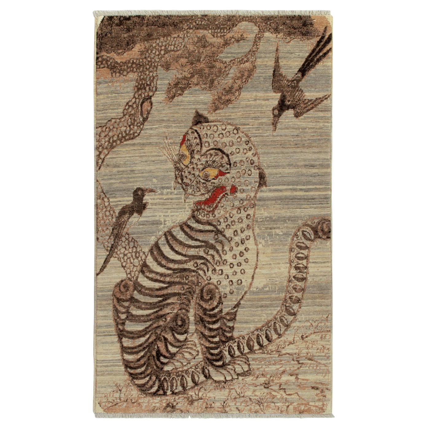 Rug & Kilim’s Pictorial Tiger Rug in Beige-Brown, Gray and Red For Sale