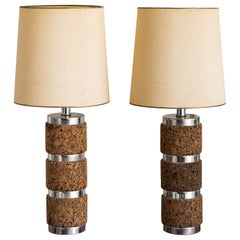 Mid Century Stacked Chrome and Cork Lamps - a Pair