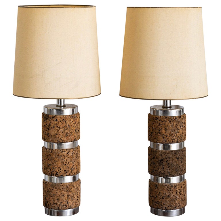 Mid Century Stacked Chrome and Cork Lamps a Pair at 1stDibs cork
