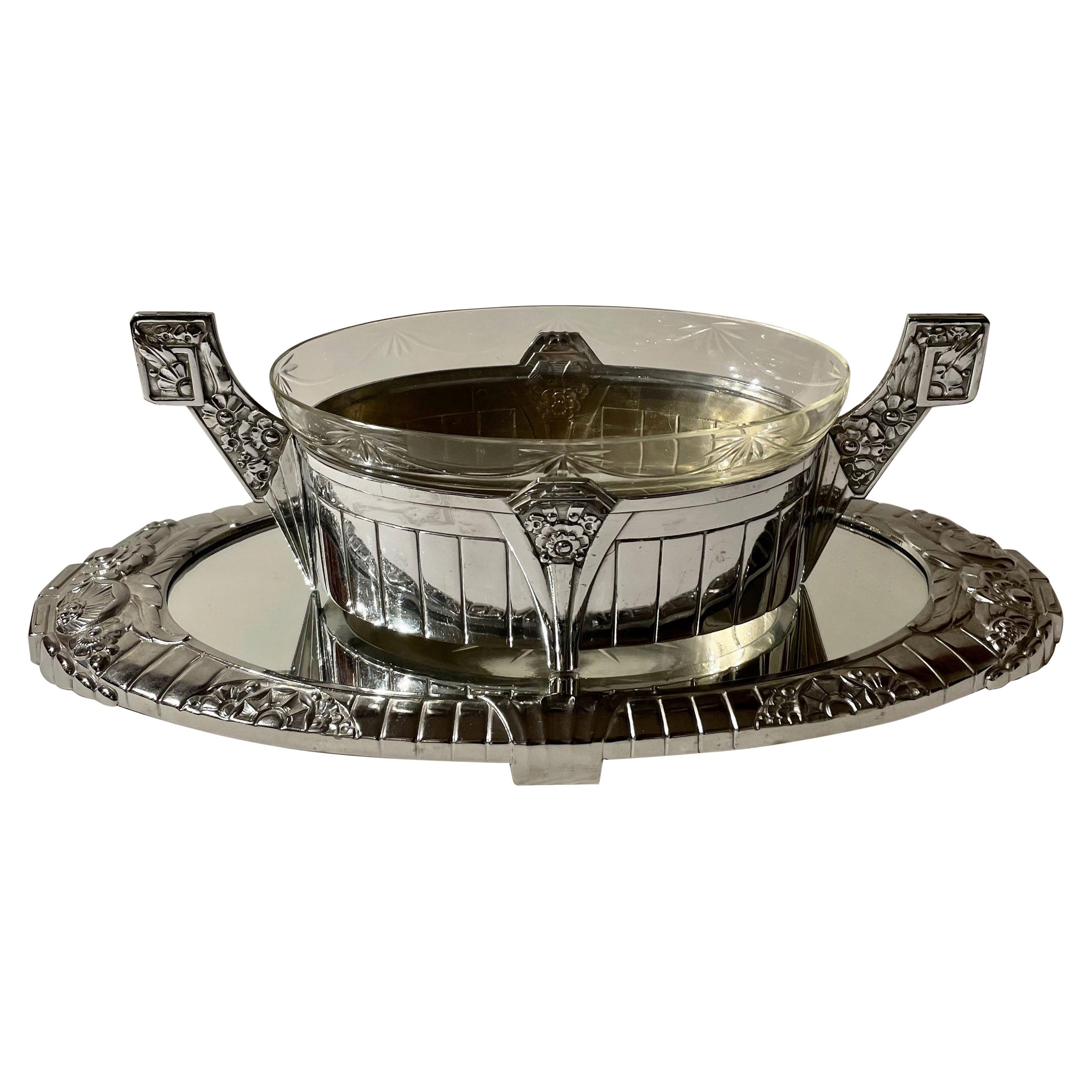 French Silver Art Deco Centerpiece and Mirrored Tray For Sale