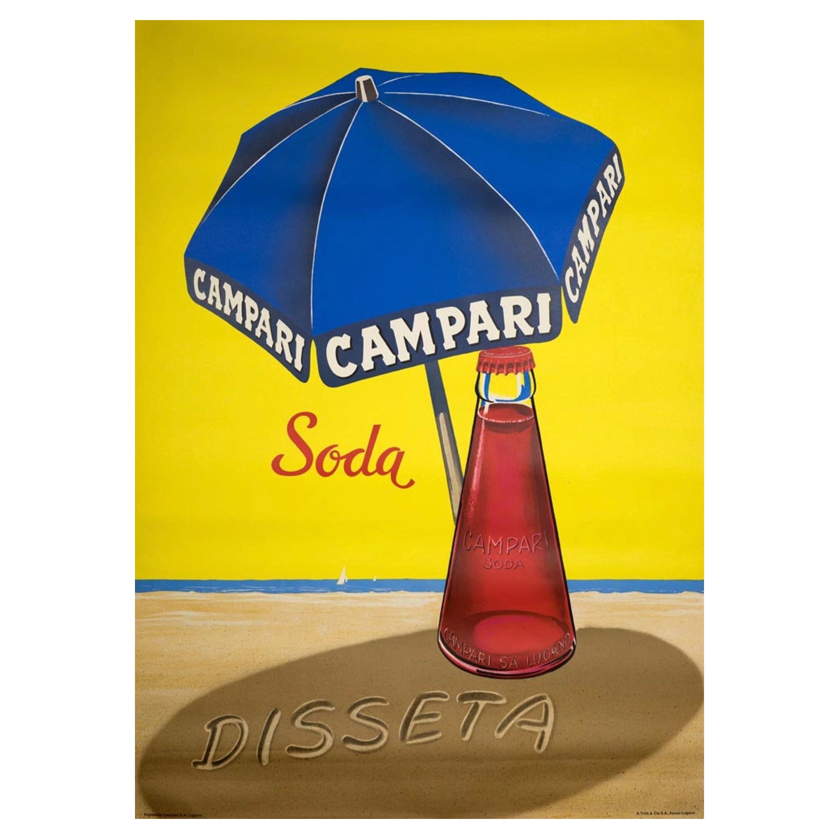 Affiche vintage d'origine du milieu du siècle, « Campari Soda Beach Umbrella »