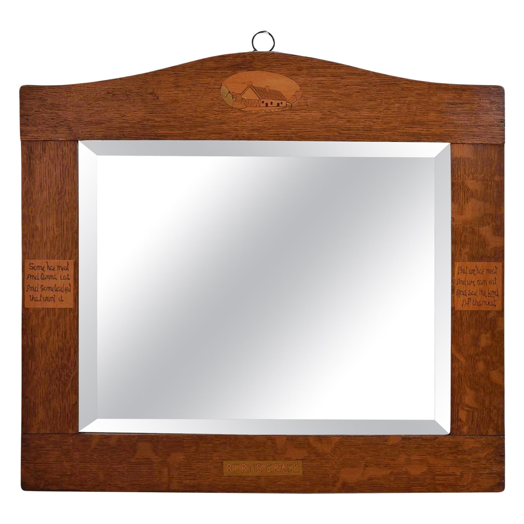 Arts & Crafts Oak Inlaid Mirror with Robert Burns Motto Circa 1910