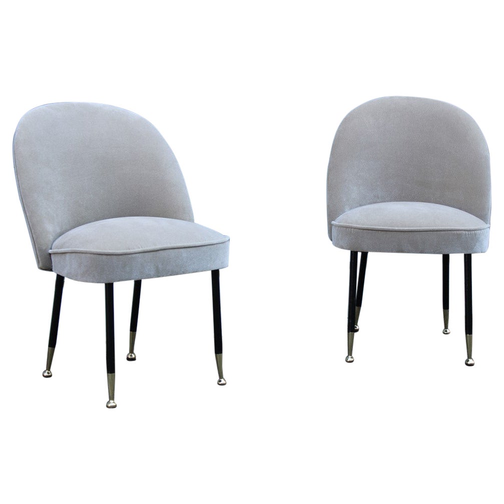 Pair  Mid-Century Italian Chairs Light Gray Velvet Metal Brass Rinaldi Gastone