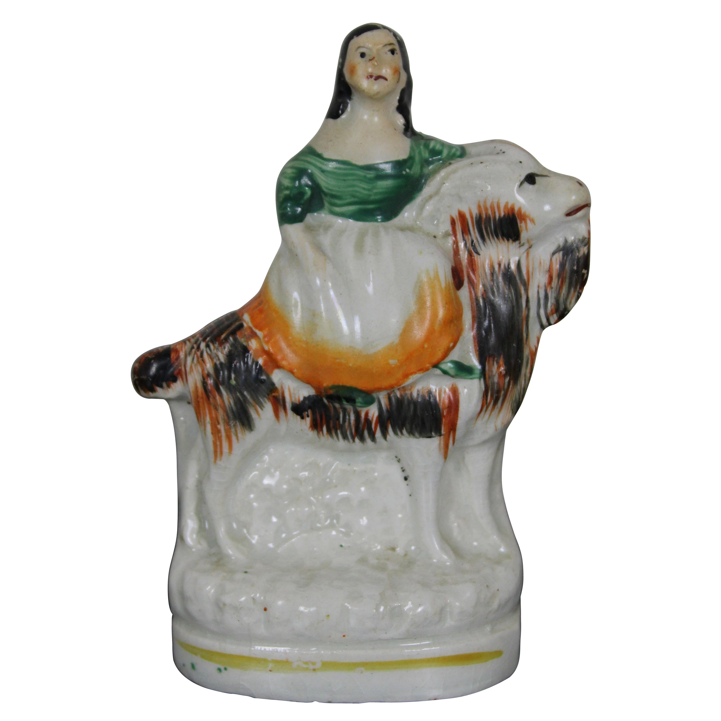 Antique English Staffordshire Porcelain Figurine Girl Riding a Goat