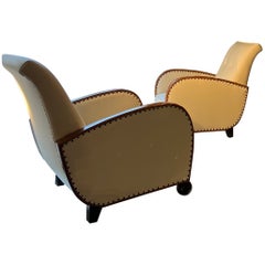 Art Deco Wood and Cream Color Leather Armchairs
