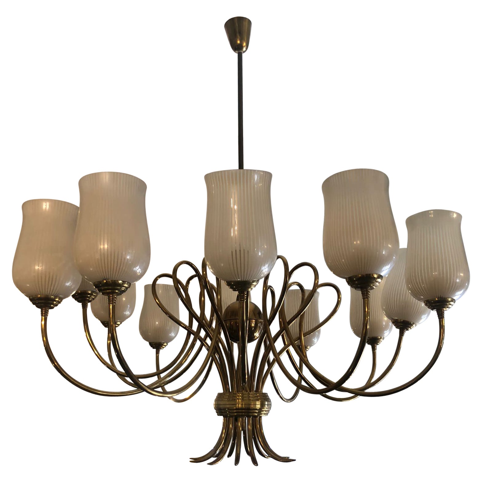 Venini 1940s Brass Arms and Blown Glass Lampshades Chandelier, Attributed
