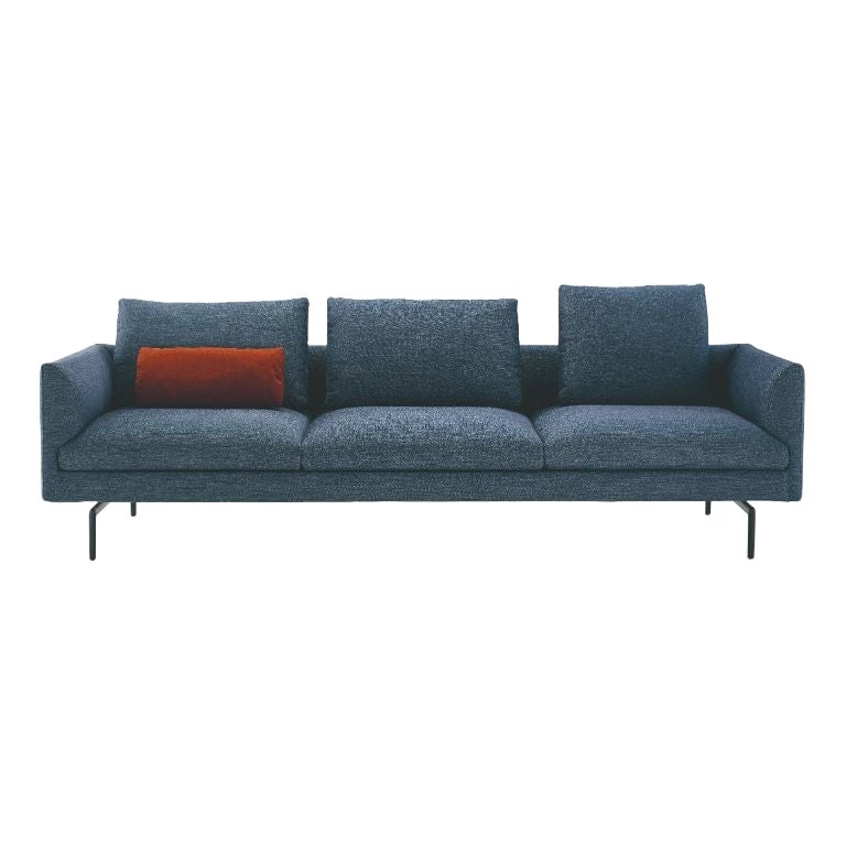 Zanotta Flamingo Three Seater Sofa in Blue Upholstery with Black Aluminum Frame For Sale