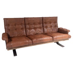 Used 1970s Scandinavian Mid Century Brown Patchwork Leather and Suede 3 Seater Sofa