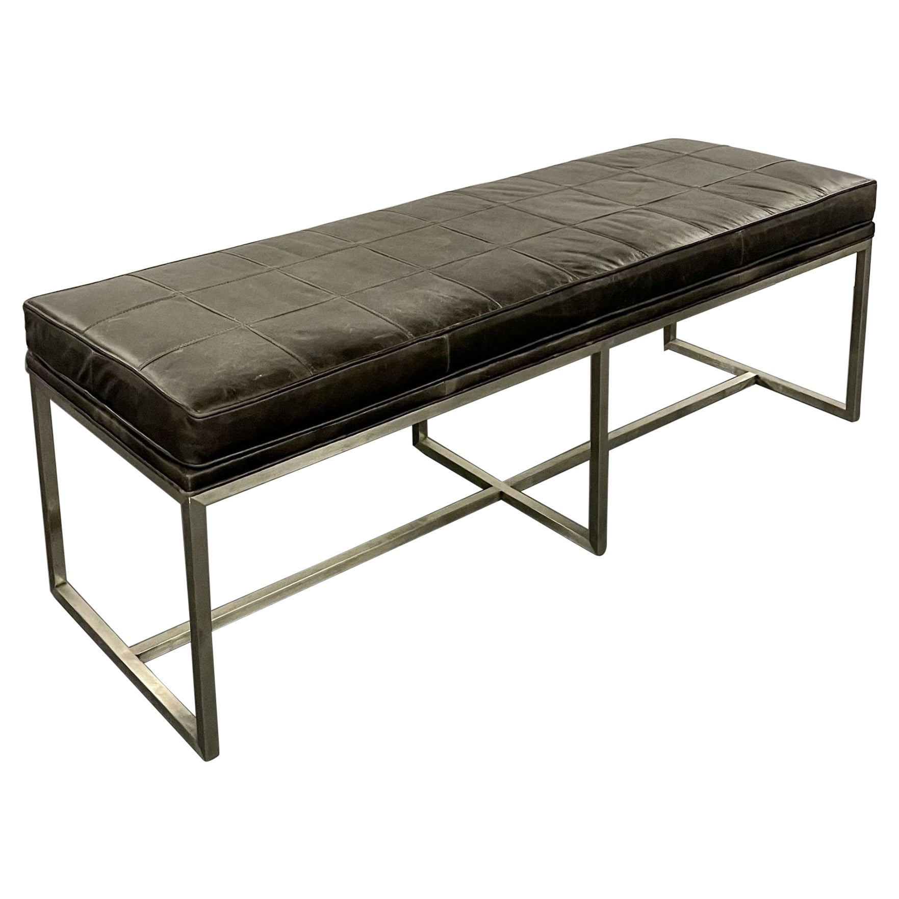 Mid-Century Modern Style Black Leather Bench, Footstool, Ottoman, Steel