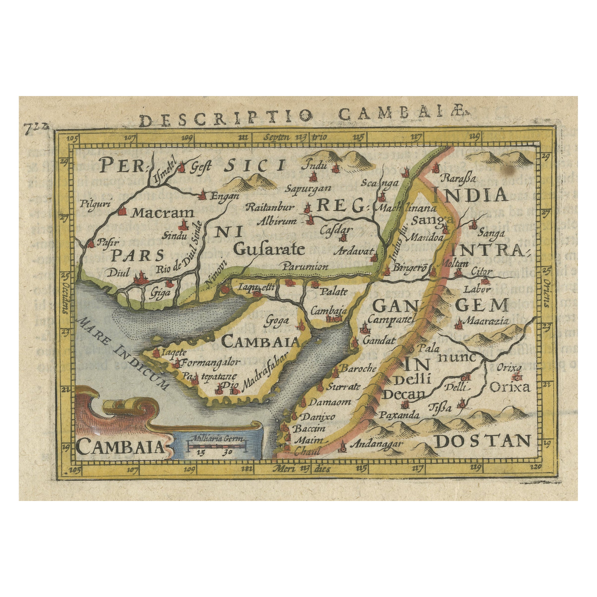 Rare carte miniature ancienne et ancienne du Pakistan, de l'Inde et du Cambaïa, vers 1616