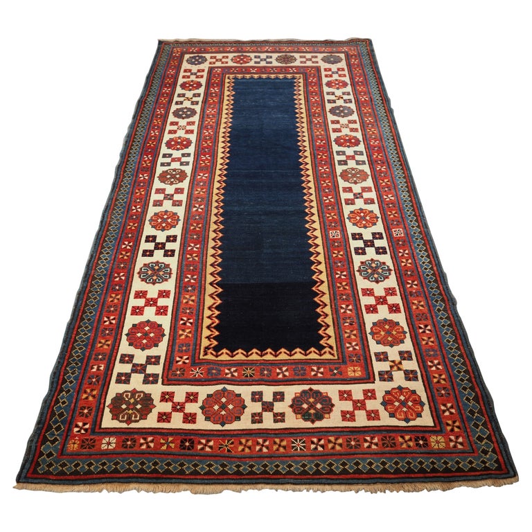 Antique Caucasian Talish Long Rug with Abrashed Indigo Blue Field For Sale  at 1stDibs