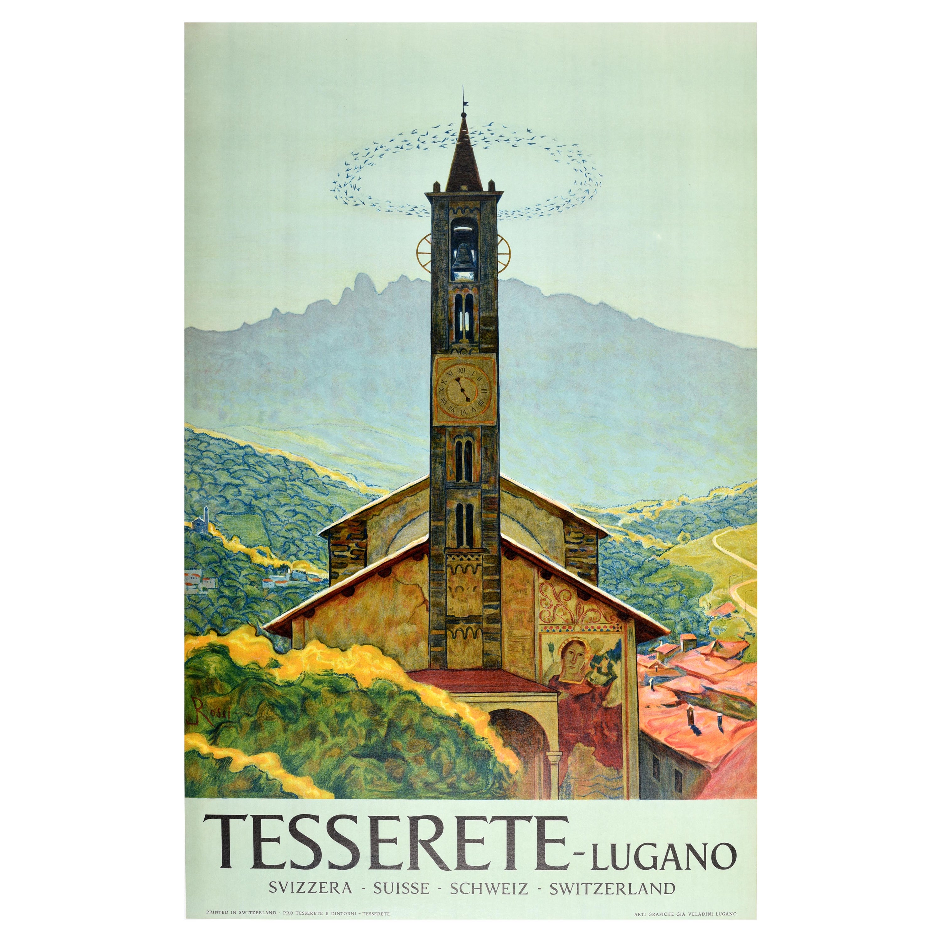 Affiche rétro originale de voyage Tesserete Lugano, Suisse, église Saint Stefano