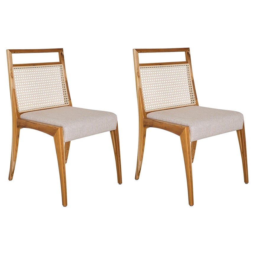Sotto Cane-Back Dining Chair in Teak Wood and Light Beige Fabric, Set of 2 For Sale
