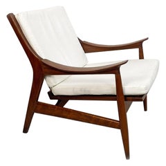 Vintage North European Solid Wood and White Cotton Armchair, 1960s