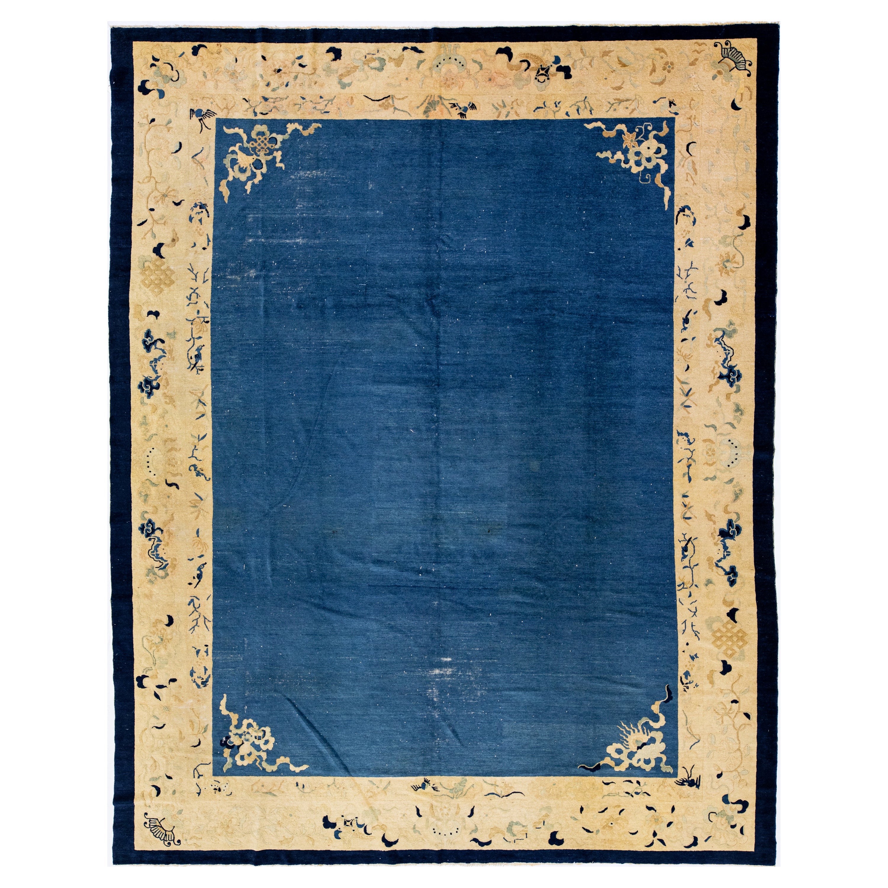 Antique Art Deco Handmade Blue Designed Chinese Wool Rug For Sale