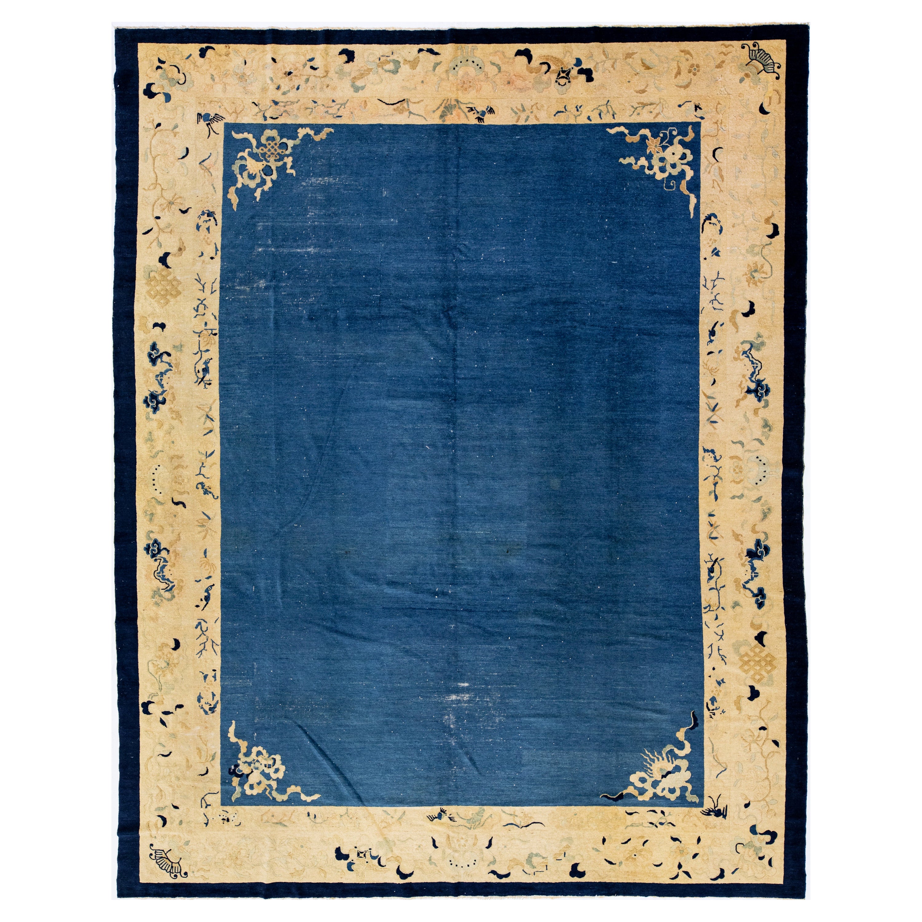 Alfombra antigua de lana china de diseño Art Decó hecha a mano en azul en venta