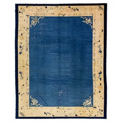 Tapis Art Déco ancien en laine chinoise bleue fait à la main