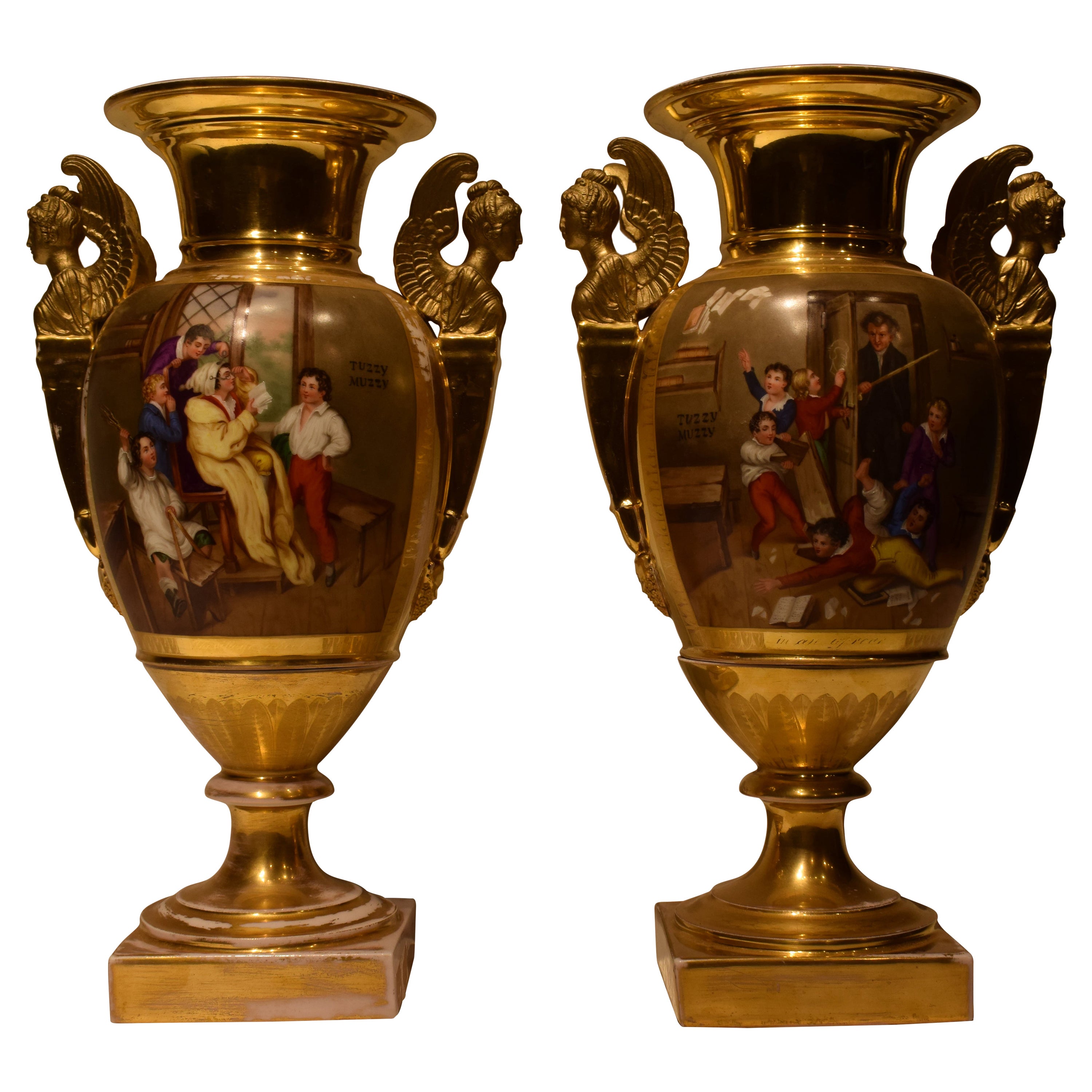 A fine Pair of Old Paris vases. Hand Painted Decoration depicting Children in mischief. Original gilding. France, circa 1860.
Dimensions: Height 17
