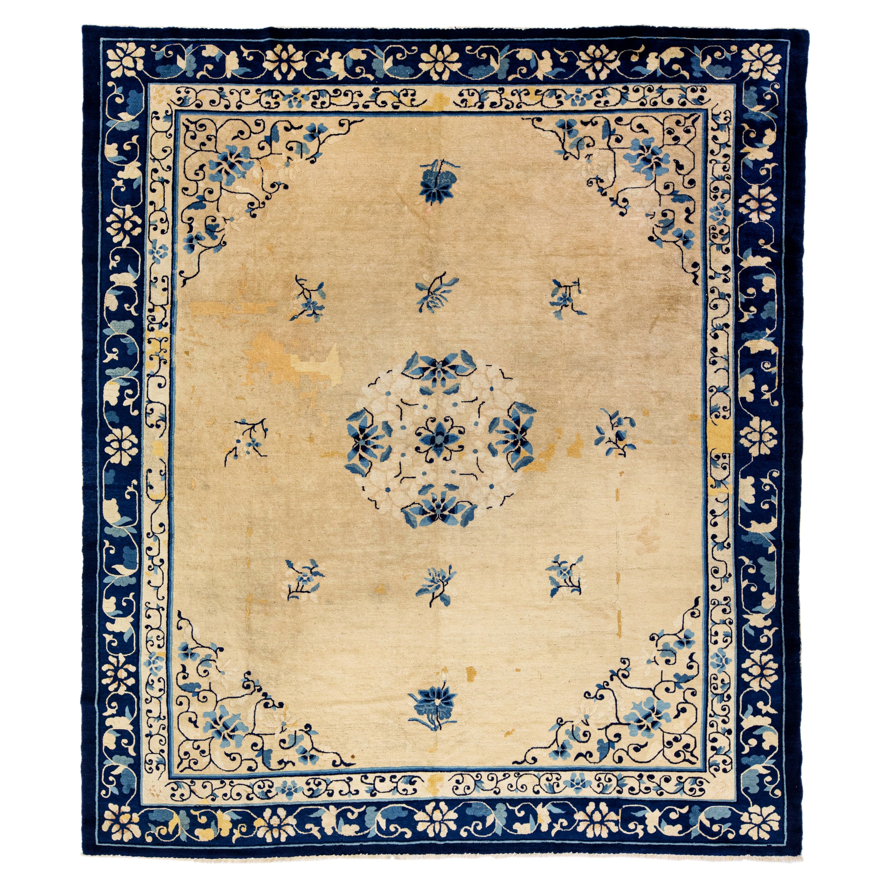 Tan Antique Chinese Art Deco Designed Handmade Wool Rug For Sale at 1stDibs