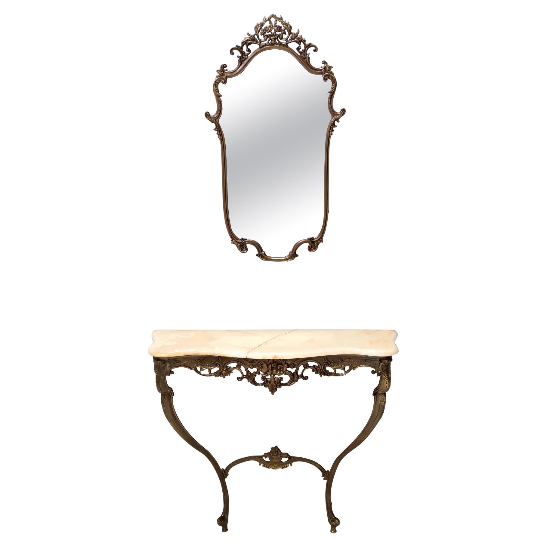Vintage Wall Mirror and Console with an Onyx Top and Cast Brass Frame, Italy For Sale