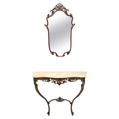 Vintage Wall Mirror and Console with an Onyx Top and Cast Brass Frame, Italy