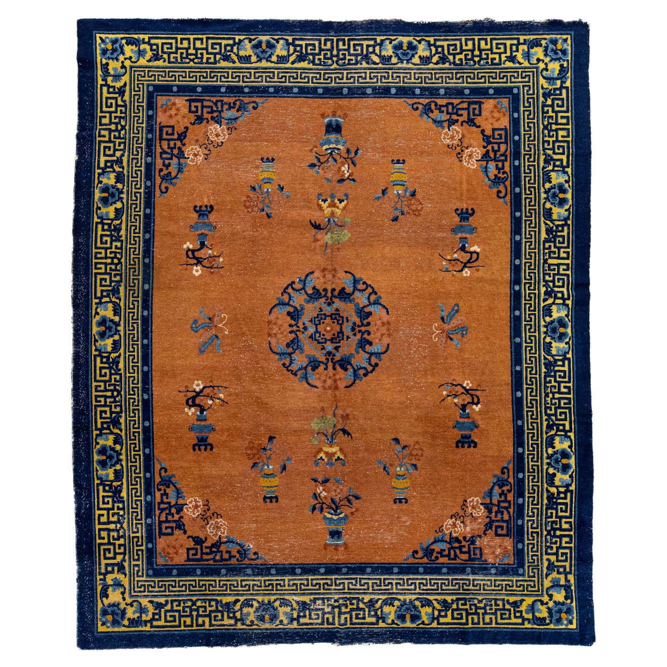 Tan Antique Chinese Art Deco Designed Handmade Wool Rug For Sale at 1stDibs