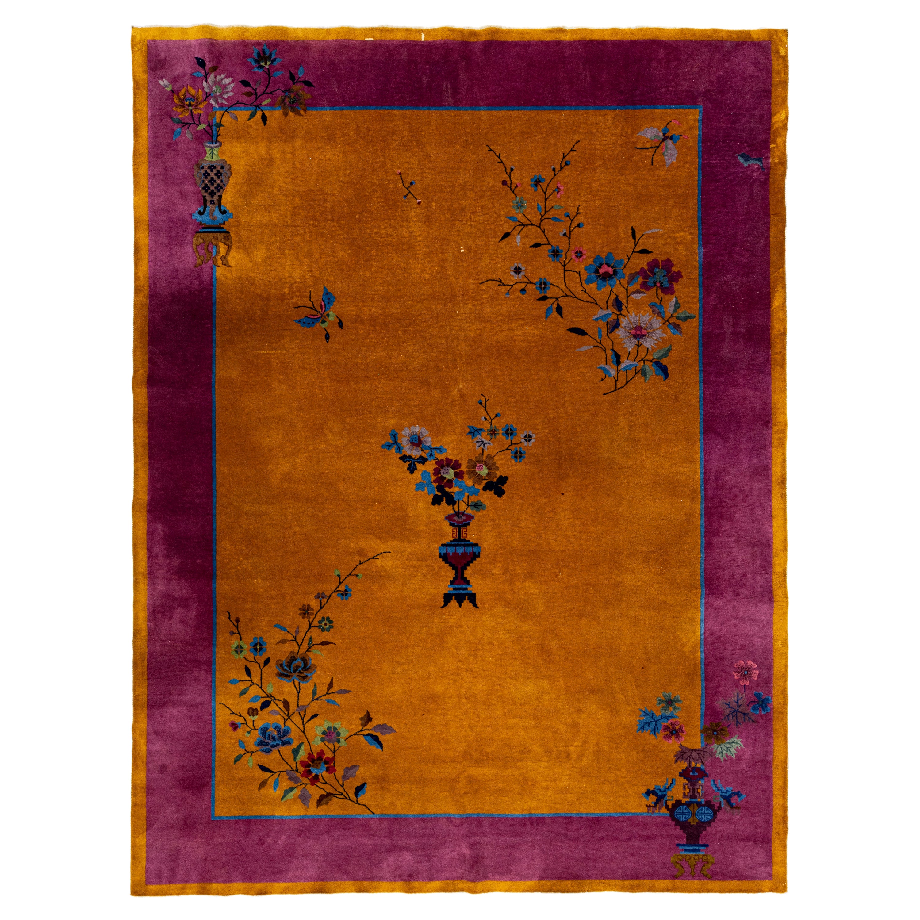 Antique Chinese Art Deco Handmade Floral Goldenrod Wool Rug For Sale