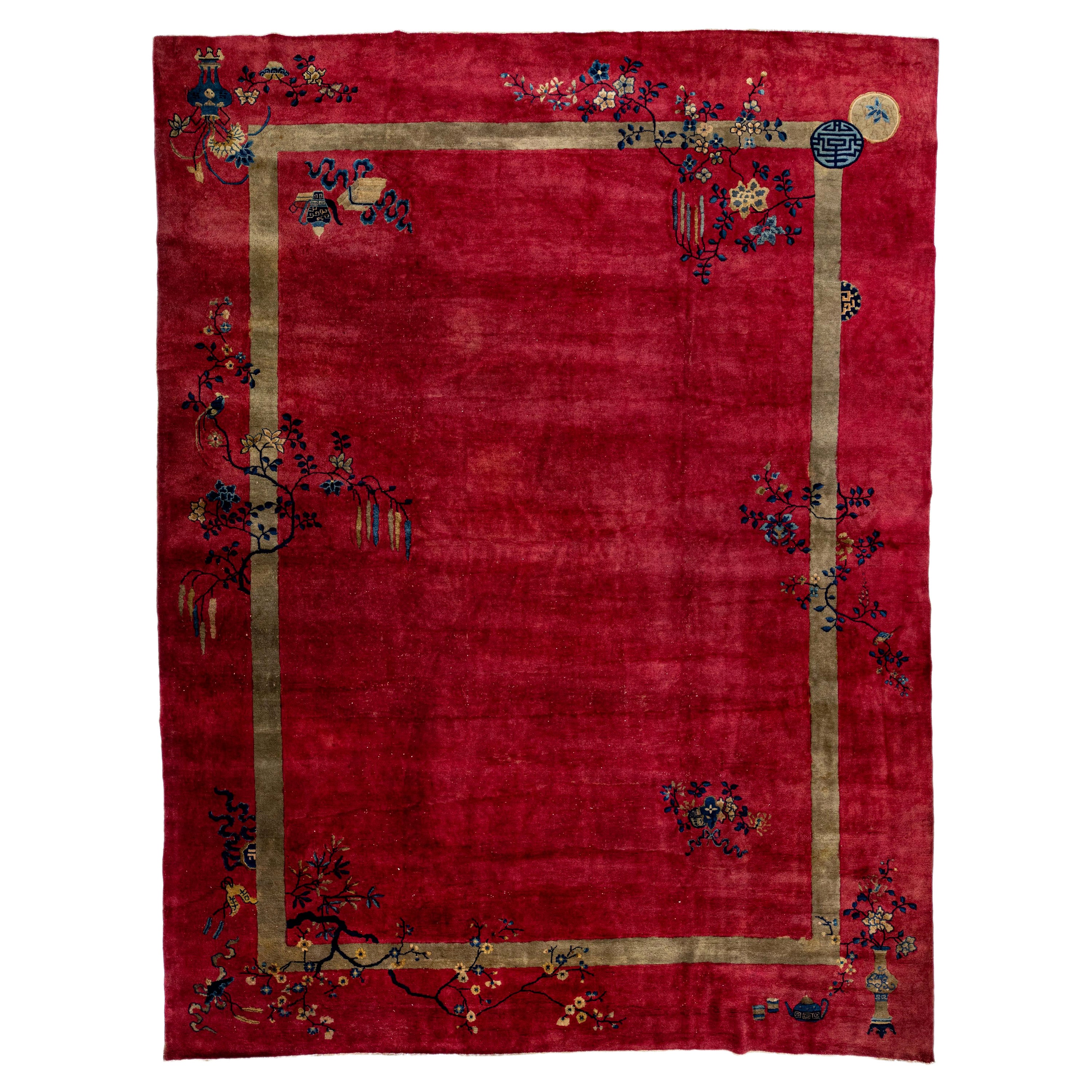 Red Antique Art Deco Handmade Floral Designed Chinese Wool Rug For Sale