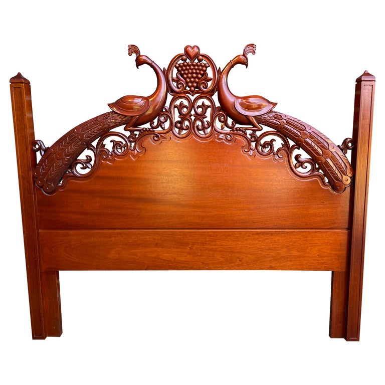Hand Carved Mahogany Headboard with Peacocks and Heart For Sale at