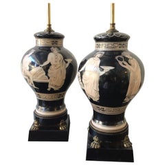 Pair of 1940s Classical Hand Painted Ceramic Lamps