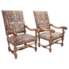 Pair of French Walnut and Beech Wood Armchairs with Tapestry Upholstery