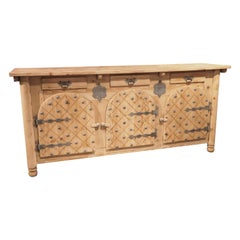 Stripped Pine Credenza from Spain with Arched Doors and Decorative Nailheads