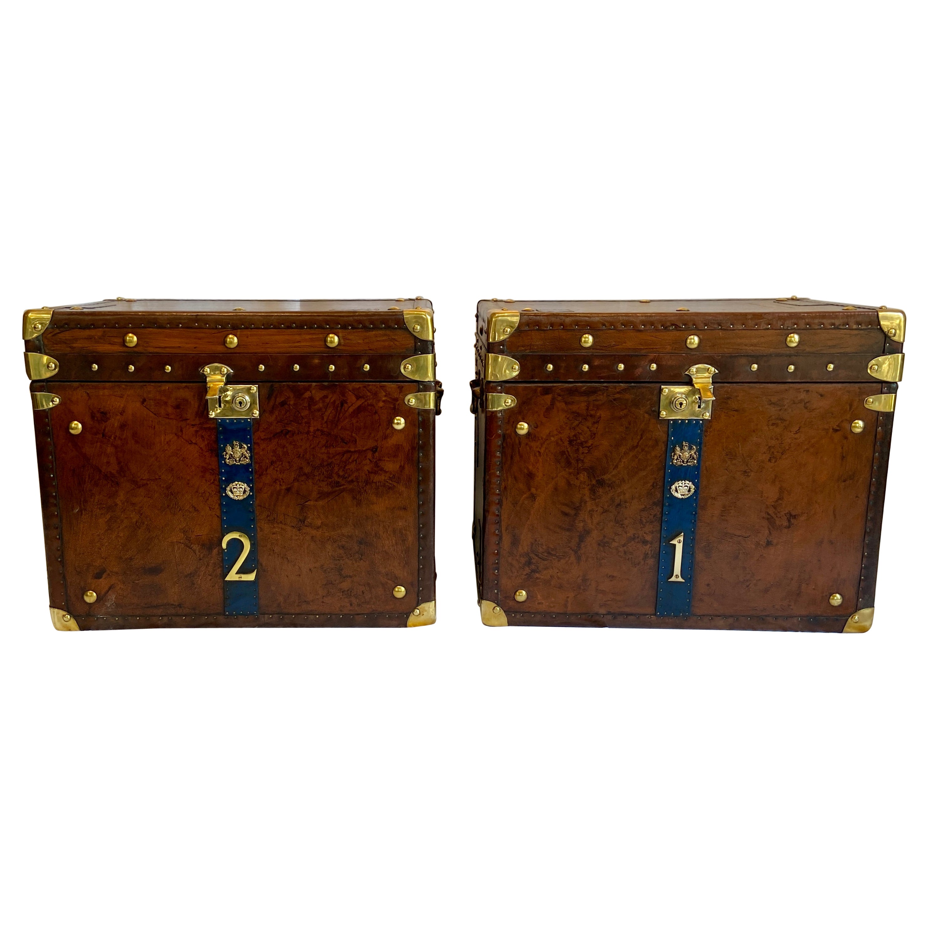 Pair Antique British Military Leather Chests with Insignia, circa 1920-1930
