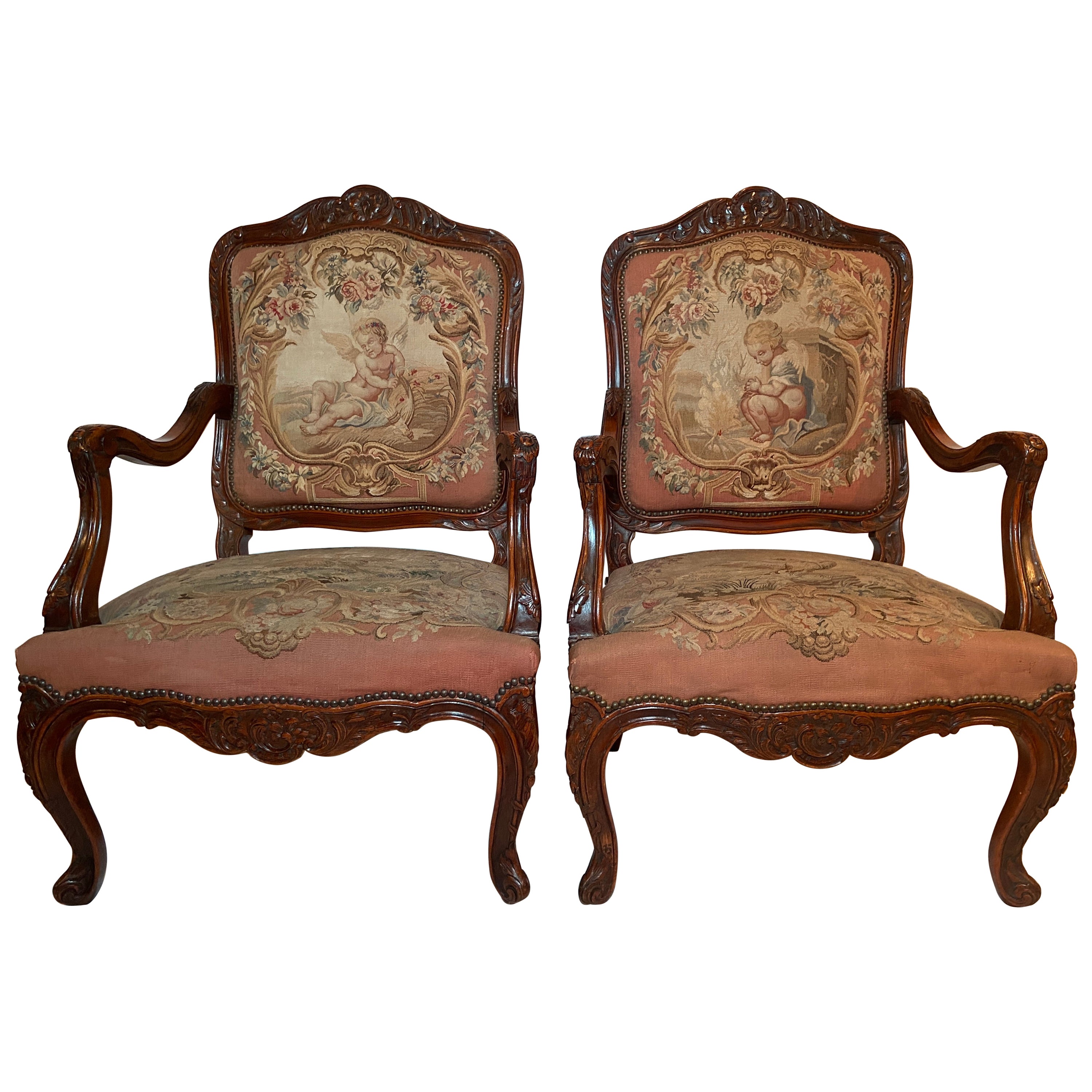 Pair Antique French Walnut Needlepoint Armchairs, Circa 1860-1870 For Sale