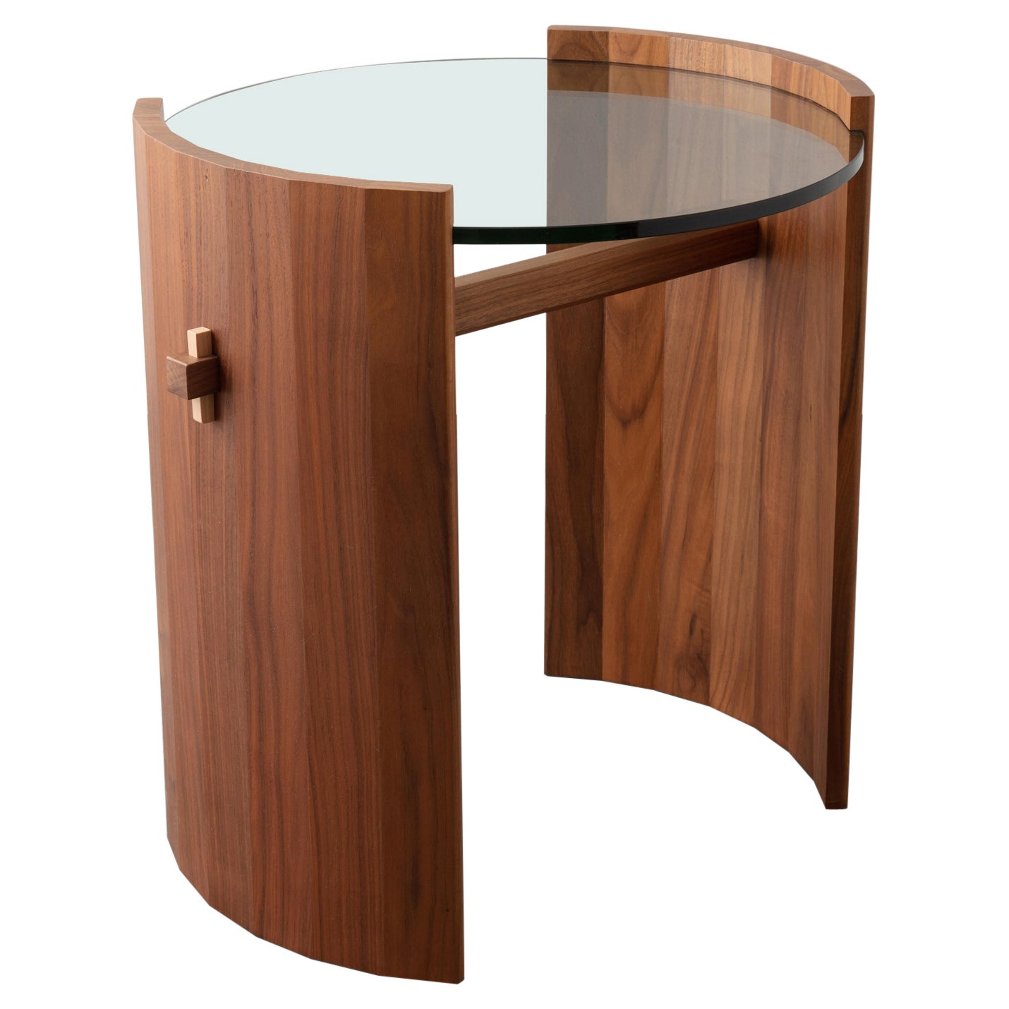 Modern Round Side Table in Travertine and Walnut Wood and Ash Wood For