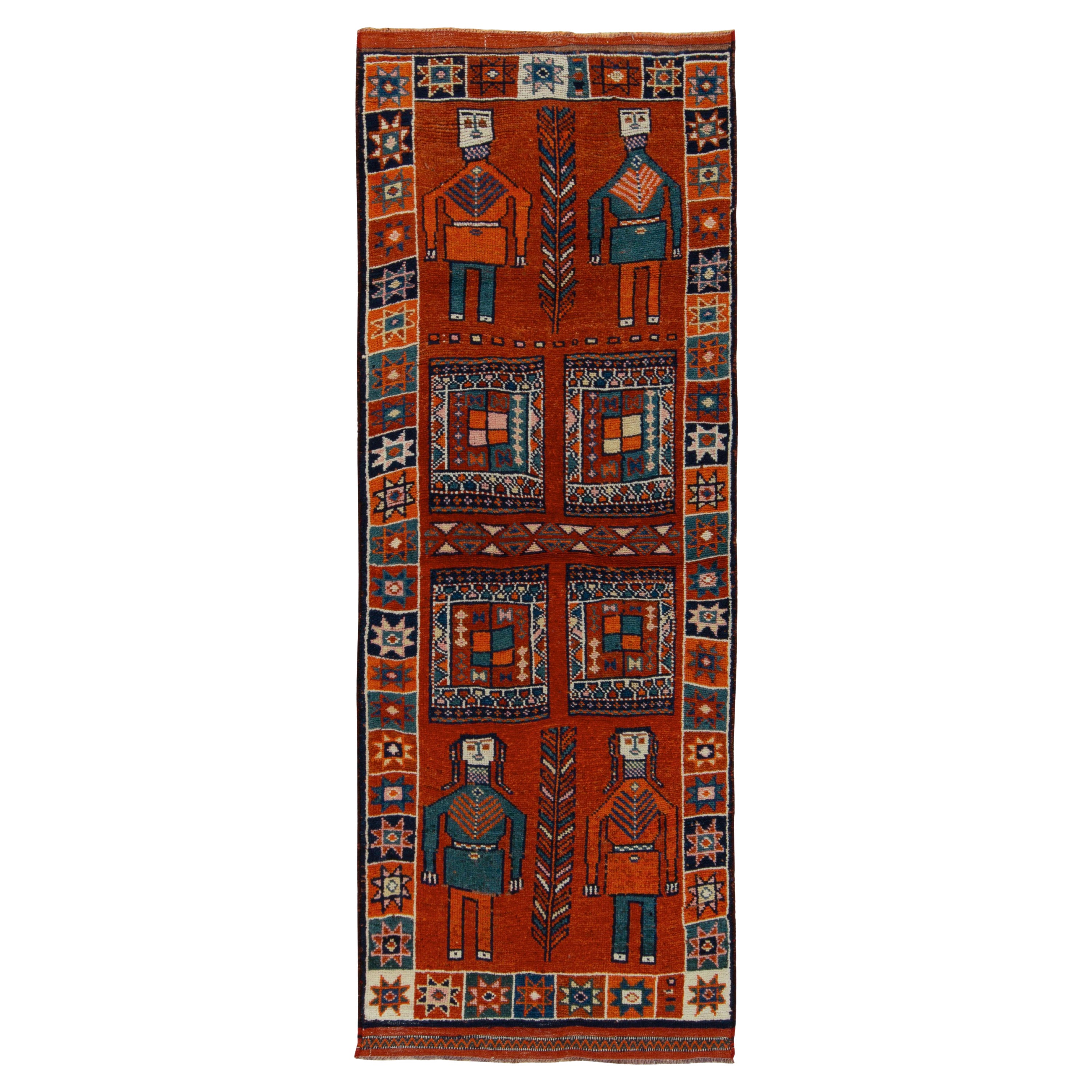 1950er Jahre Vintage Tribal Teppich in Orange, Rot und Blau mit Bildmuster