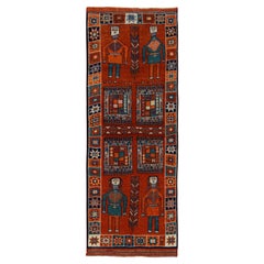 1950s Retro Tribal Rug in Orange, Red and Blue Pictorial Patterns