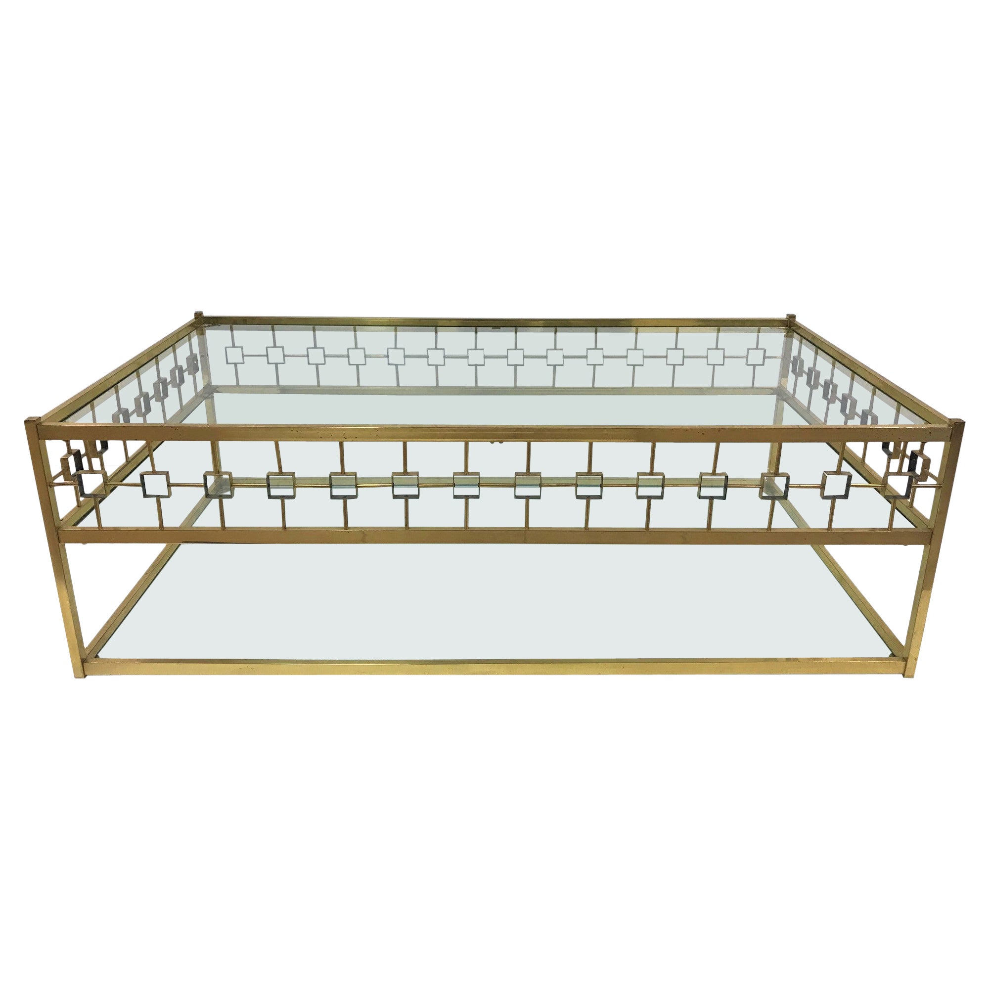 Three-Tier Maison Jansen Style Brass and Glass Coffee Table