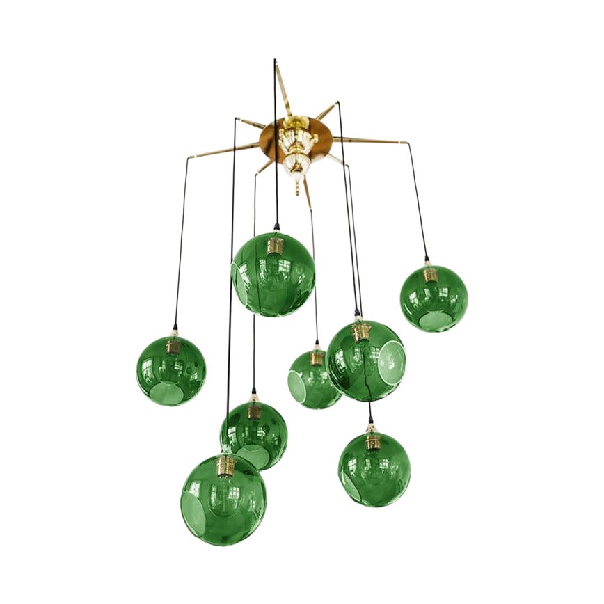 Flash Your Lamps, Brass and Colorful Glass Chandelier/Army Green For Sale