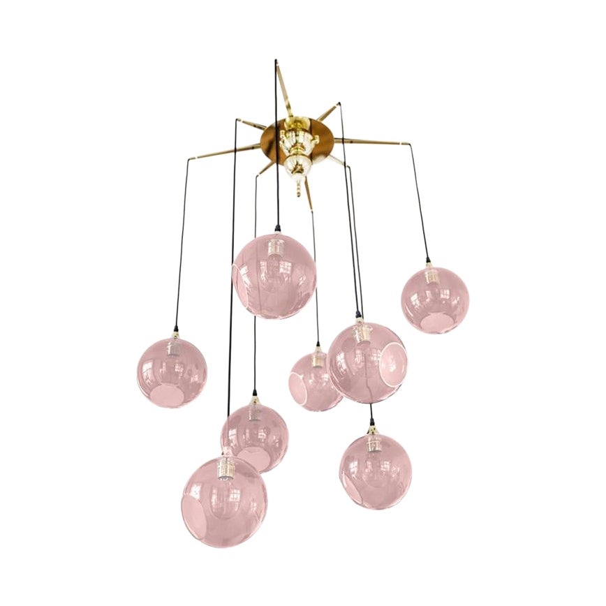 Flash Your Lamps, Brass and Colorful Glass Chandelier/Pink For Sale