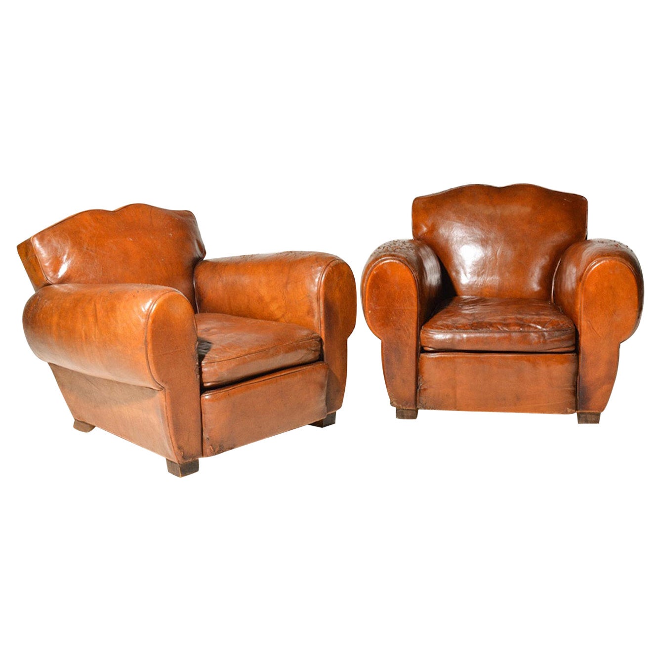 Pair of French Art Deco Leather Moustache Back Lounge Chairs For Sale