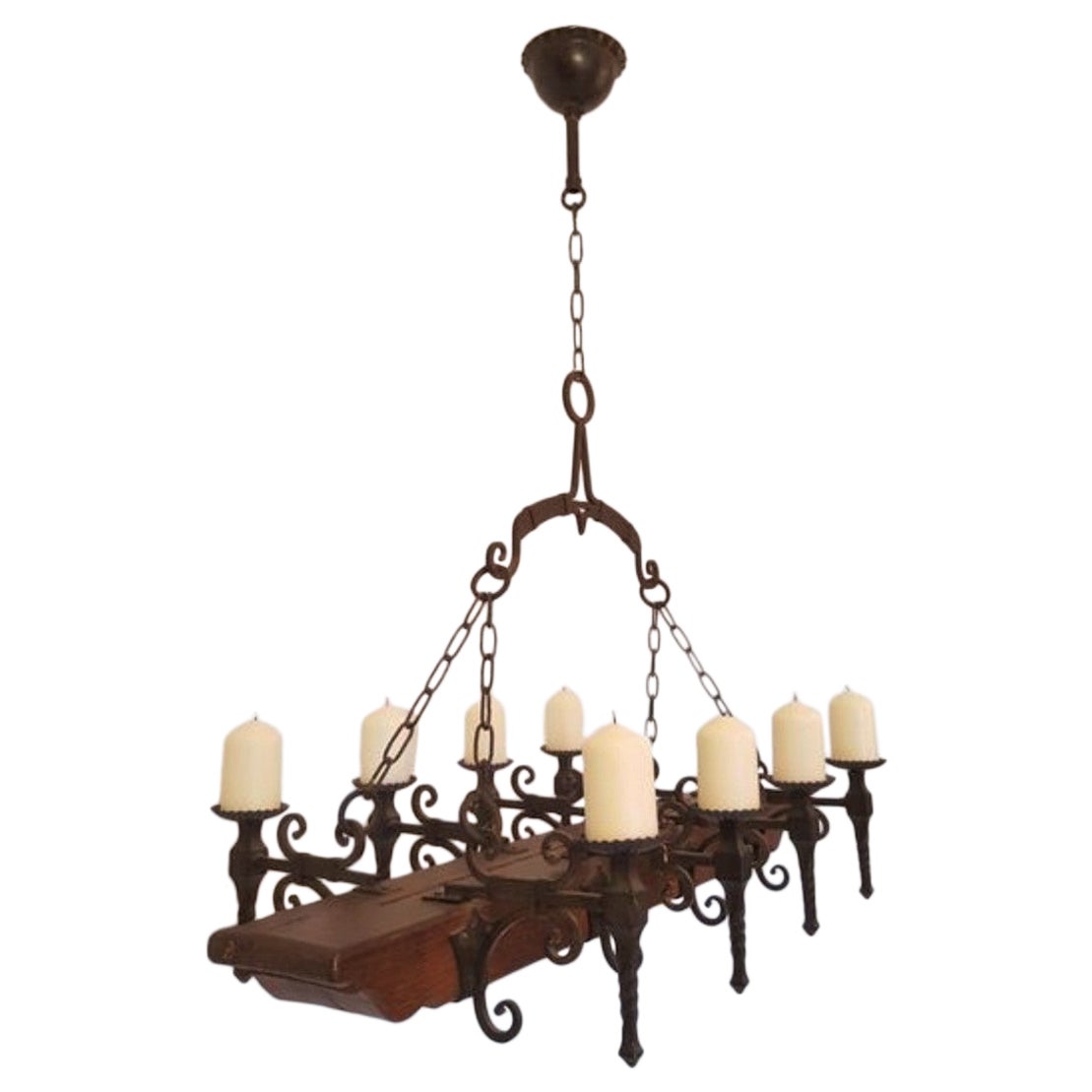 Spanish Handcrafted Forged Wrought Iron Oak Castle Chandelier, Mid-19th Century 